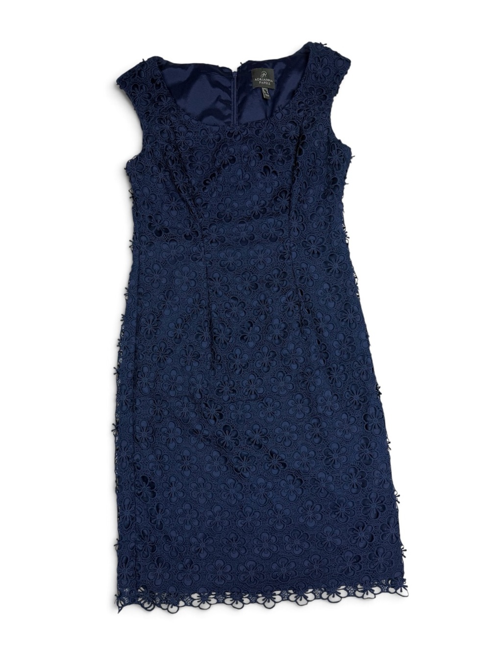 Adrianna Papell Navy Floral Lace Midi Sheath Dress